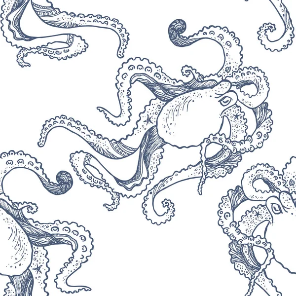 Бесшовный рисунок с нарисованным вручную осьминогом. Вектор . — стоковый вектор