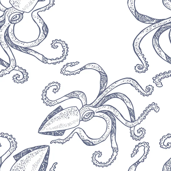 Patrón sin costura con calamar dibujado a mano. Vector . — Vector de stock