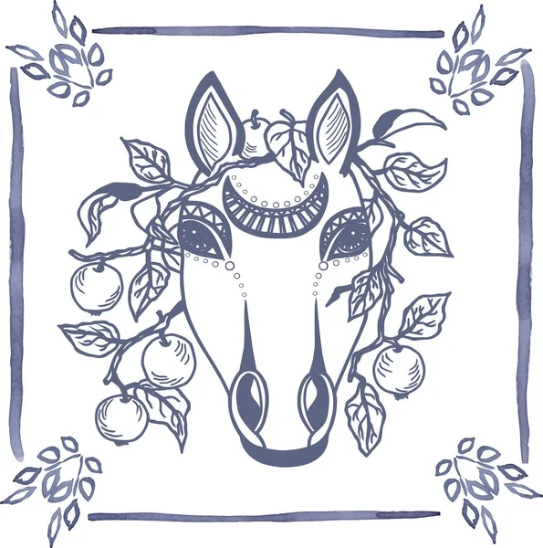Kakel med handritad blå häst huvud och apple grenar. Vektor — Stock vektor