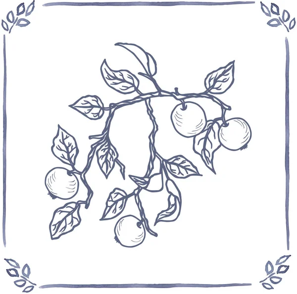 Telha com mão desenhada ramos de maçã azul. Vetor —  Vetores de Stock