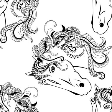 El ile Seamless Modeli beyaz süslü at başı çizilmiş. Vektör 