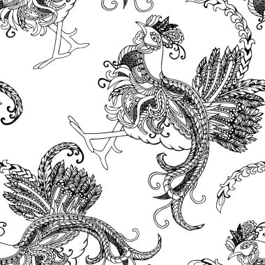 Süslü horoz ile Seamless Modeli siyah beyaz. Vektör