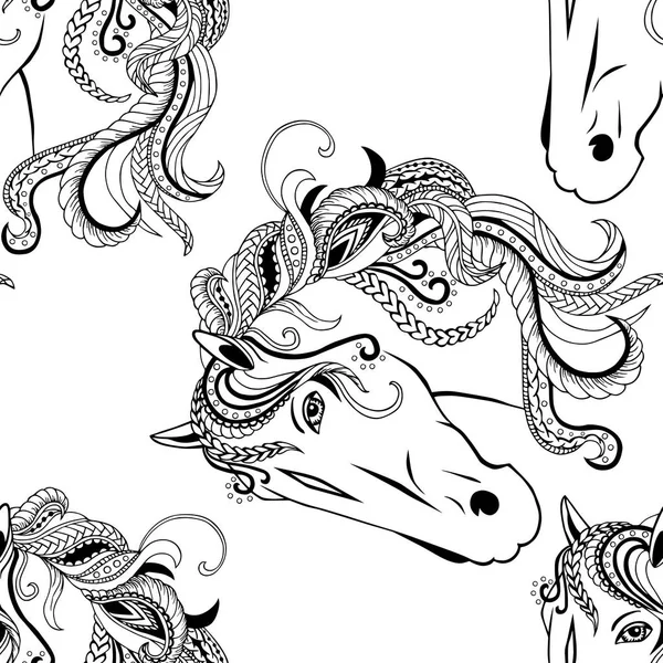 Seamless mönster med hand dras vit utsmyckade hästhuvud. Vektor — Stock vektor