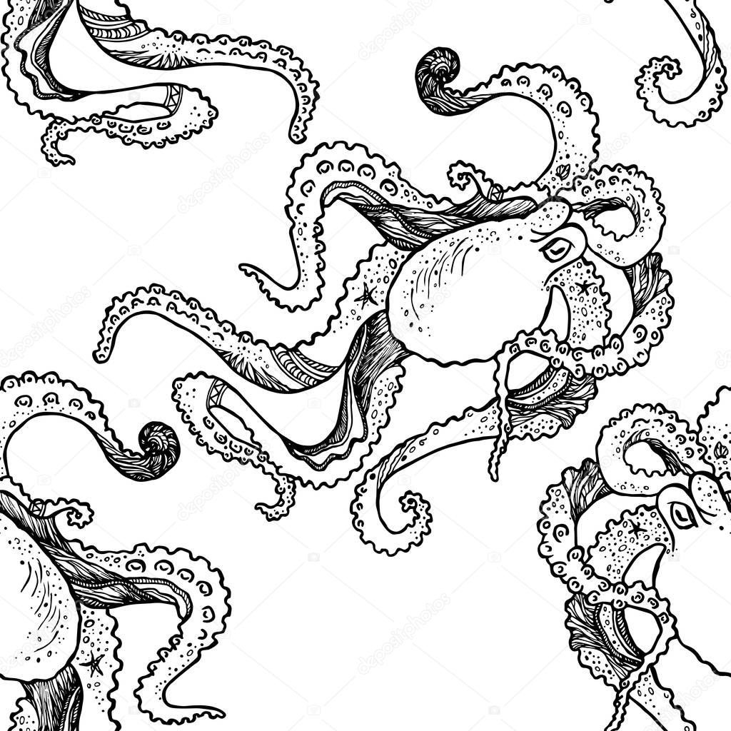 Seamless pattern with hand drawn octopus. Vector.