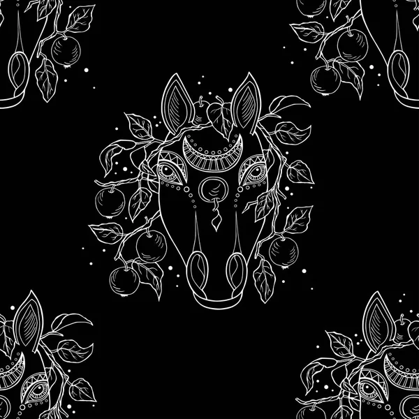 Sömlös svart mönster med handen ritade hästhuvud och äpplen. Vektor — Stock vektor