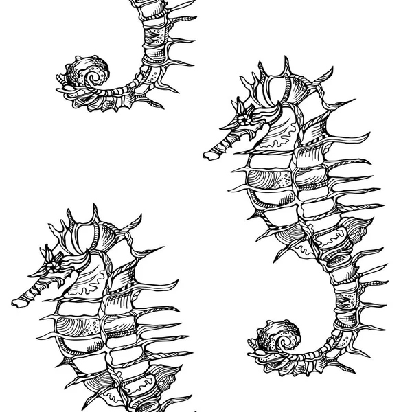 Patrón blanco y negro sin costuras con caballos de mar. Vector — Archivo Imágenes Vectoriales