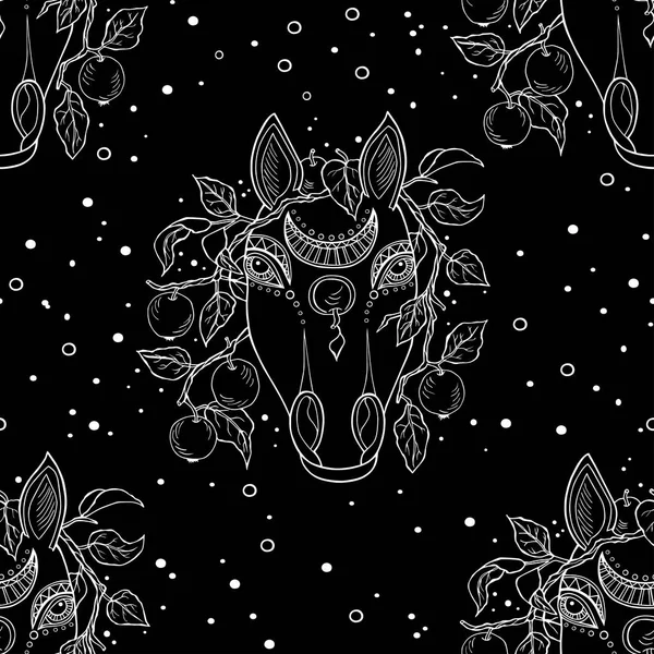 Απρόσκοπτη μαύρο μοτίβο με χειρός κεφάλι συρμένη άλογο και τα μήλα. Διάνυσμα — Διανυσματικό Αρχείο