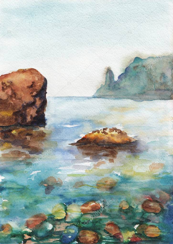 Watercolor picture with sea view, stones and rocks.