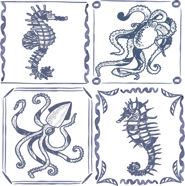 Set de azulejos calamar, pulpo y caballitos de mar . — Vector de stock