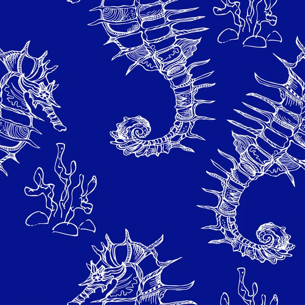 Sömlös blå mönster med sjöhästar. Vektor — Stock vektor