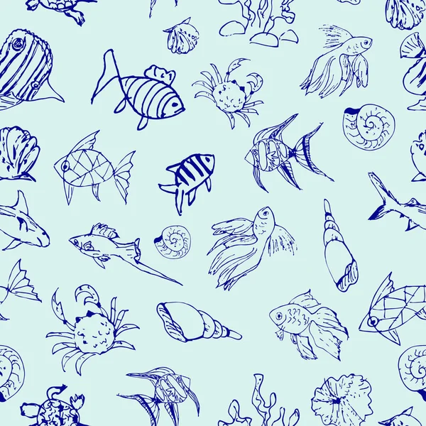 Sömlös blå mönster med hand dras fiskar. Vektor. — Stock vektor