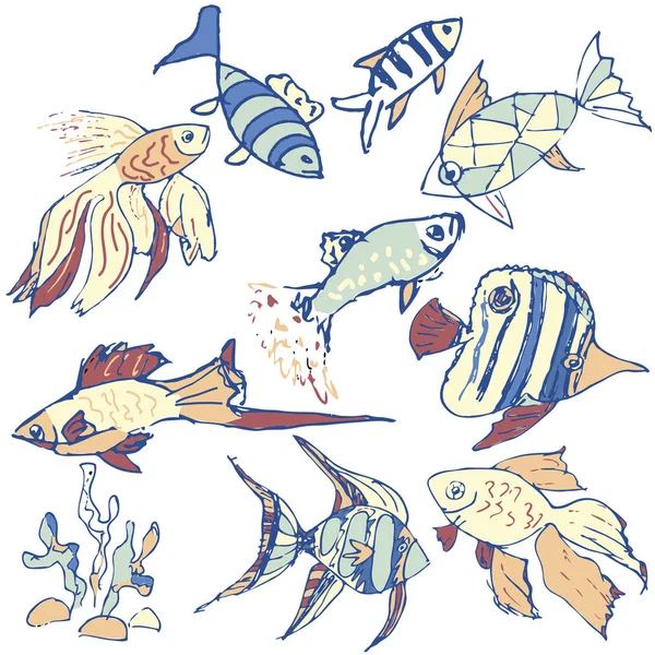 Serie vettoriale di schizzo di pesci disegnati a mano . — Vettoriale Stock