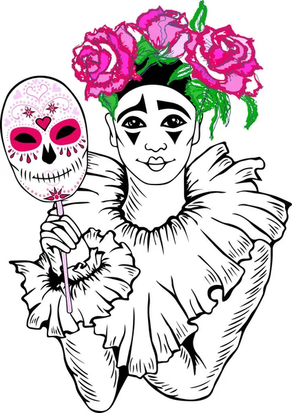 Pierrot con máscara de cráneo de azúcar y rosas rosadas . — Vector de stock