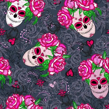 Şeker kafatası ve pembe güller ile Seamless Modeli.