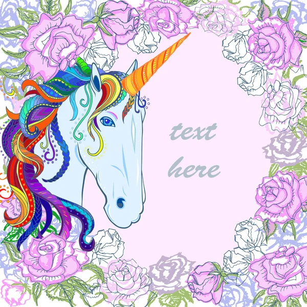 Mall med rosor och unicorn med rainbow mane. — Stock vektor