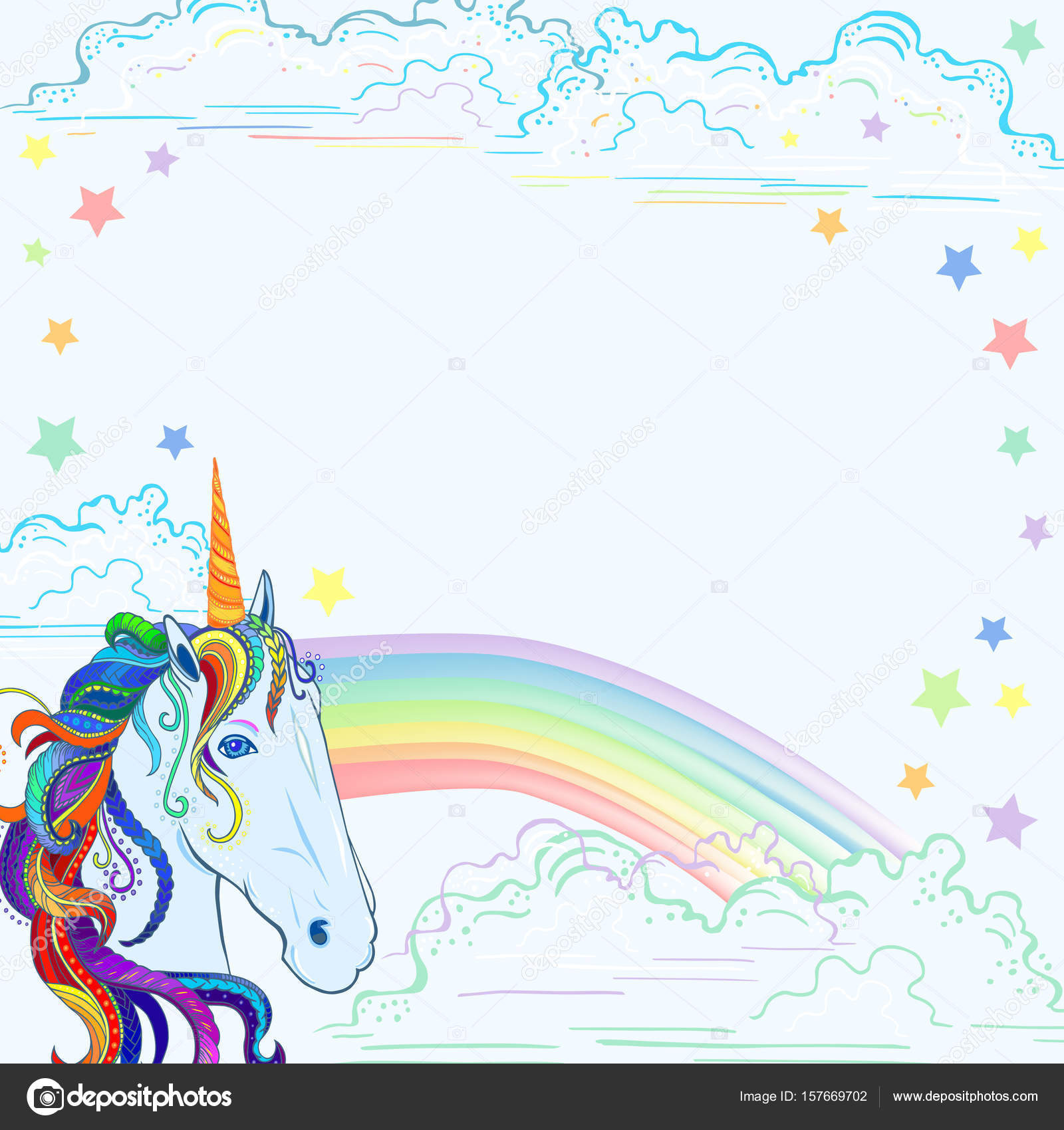 Modello con unicorno arcobaleno nubi e le stelle — Vettoriale Stock