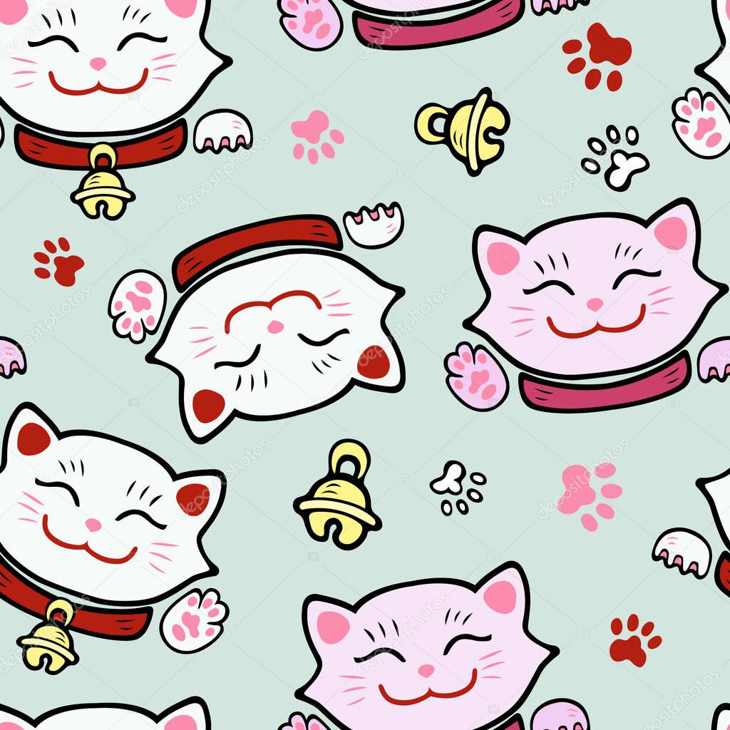 Seamless pattern with cute smiling cat.