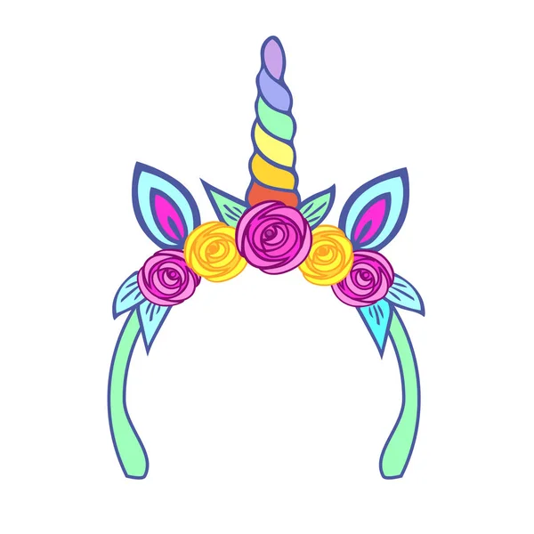 Tiara unicornio con cuerno de arco iris y rosas rosadas y amarillas. Vector . — Vector de stock