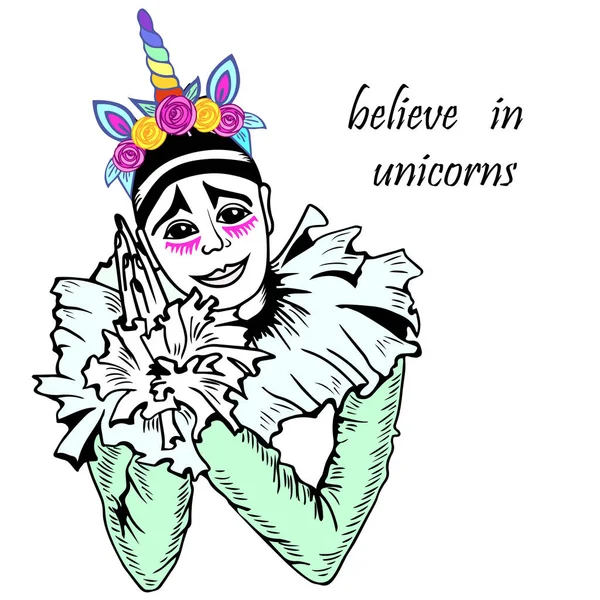 Pierrot carino con tiara di unicorno . — Vettoriale Stock