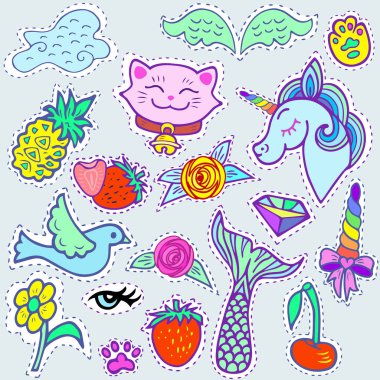 Yama rozetleri mavi tek boynuzlu at, pembe kedi, Mermaid kuyruk, vb.