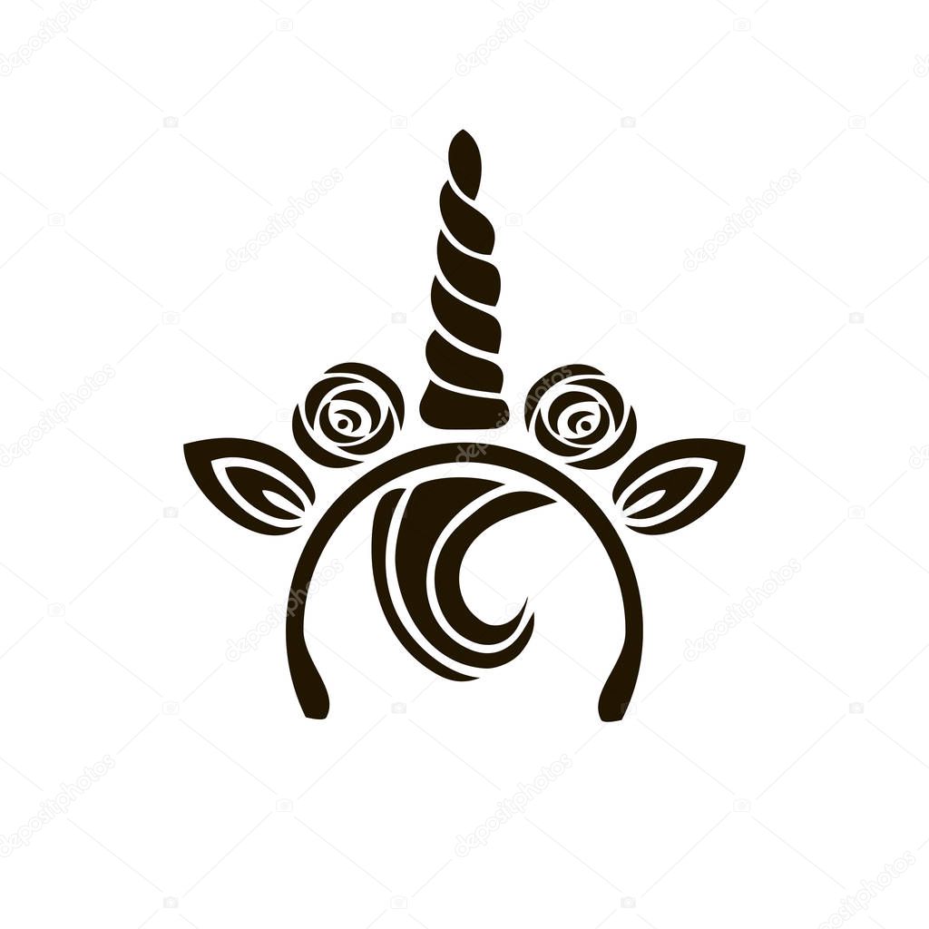 Logotipo de unicórnio tiara com chifre, orelhas, rosas e bang — Vetor