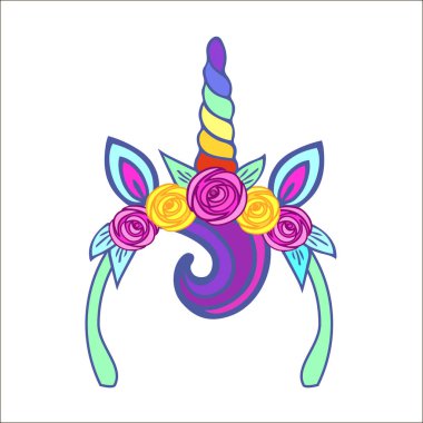 Tek boynuzlu at taç bang, gökkuşağı boynuz, pembe ve sarı güller. Vektör.