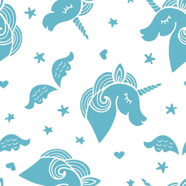 Seamless pattern with blue unicorn, wings and stars. Vector. — Stock Vector