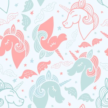 Pembe ve mavi seamless modeli şirin tek boynuzlu at, kanatları ve yıldız. Vektör.