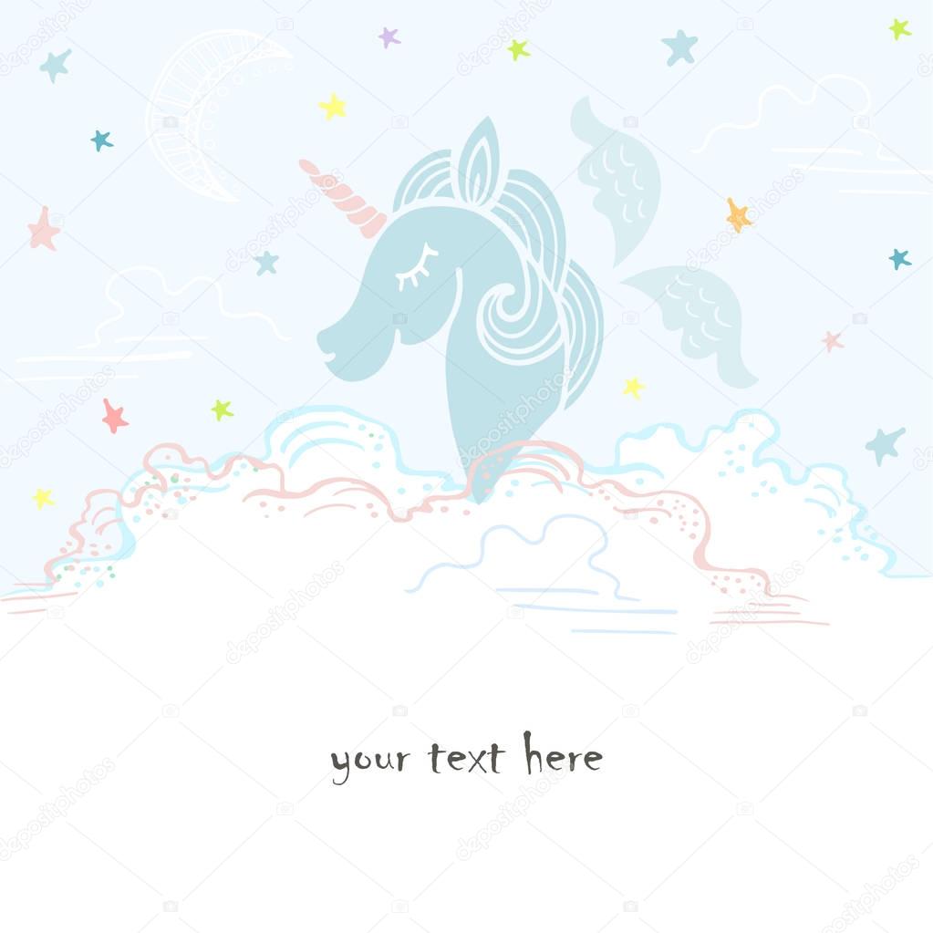 Cute template with blue unicorn, wings, clouds and stars.