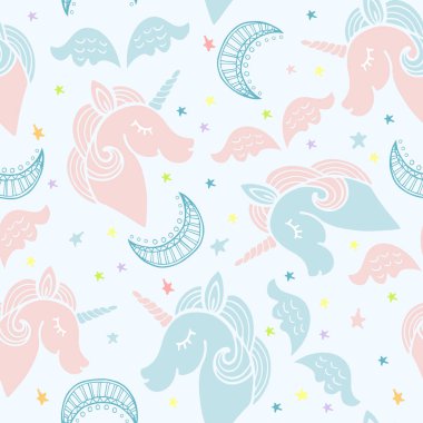 Şirin tek boynuzlu atlar, aylar, kanatları ve yıldızlar ile Seamless pembe ve mavi modeli