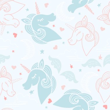 Pembe ve mavi seamless modeli ile şirin tek boynuzlu atlar, moons, Kalpler, kanatlar ve yıldız.