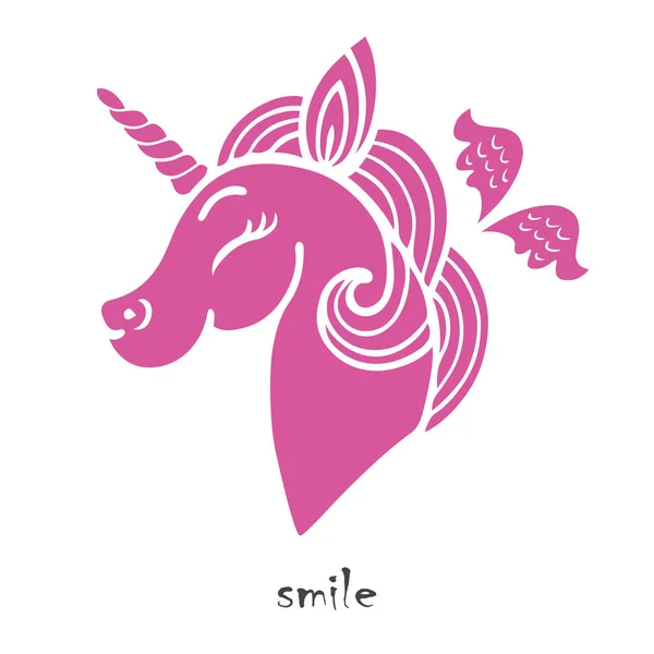 Cute pink smiling unicorn silhouette with wings. — Stock Vector