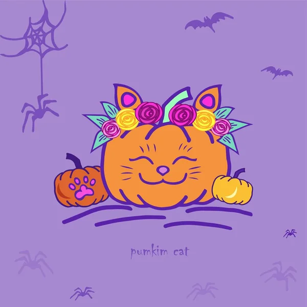 Pompoen kat. Grappige Halloween-kaart. — Stockvector