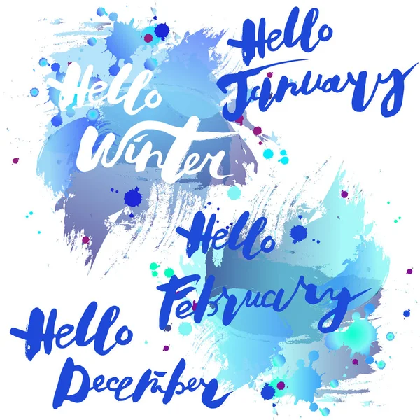 Χειρόγραφη Σύγχρονων Γραμμάτων Γεια Σας Χειμώνα Ακουαρέλα Απομίμηση Μπλε Φόντο — Διανυσματικό Αρχείο