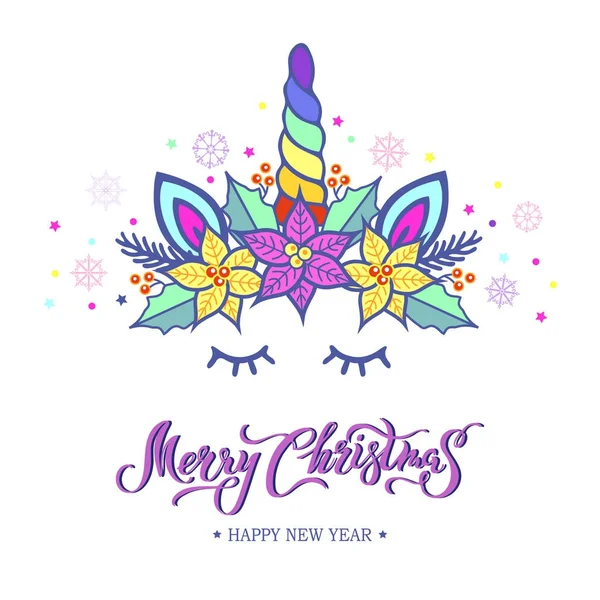 Feliz Tarjeta Navidad Con Letras Dibujadas Mano Unicornio Tiara Con — Archivo Imágenes Vectoriales