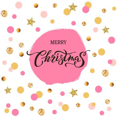 Neşeli Noel el yazı kartı/banner/logo/web/poster/davet/mağaza için çekilmiş. Vektör çizim iş sanat için. Pembe ve altın daireler ve yıldız şablonu. Kartpostal nedeni.