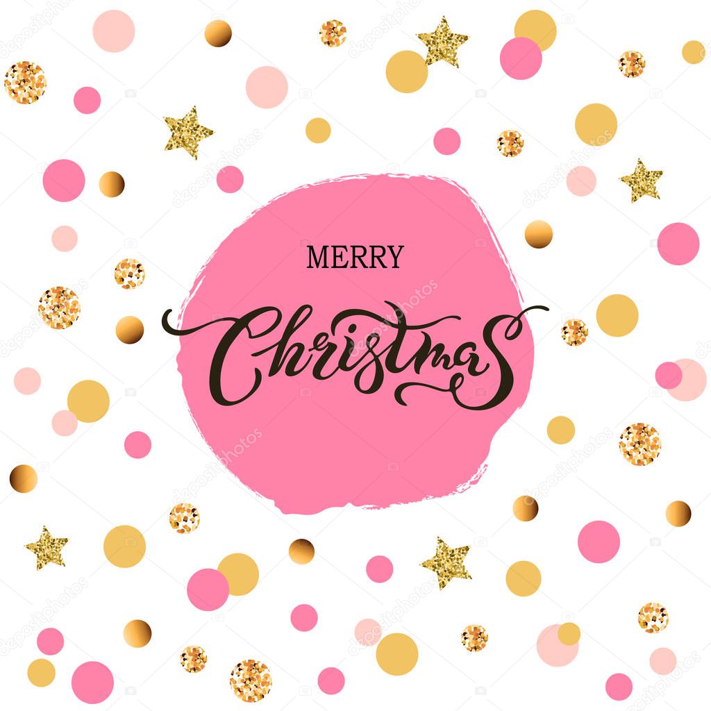 Merry Christmas hand drawn lettering for card/banner/logo/web/poster/invitation/store. Vector illustration for your business artwork. Template with pink&golden circles and stars.  Postcard motive.