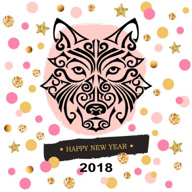 2018 yeni yıl kartı siyah köpeğin veya kurt kafası Maori yüz dövme stilize. Pembe ve altın daireler ve yıldız şablonu. Davet, moda Dükkanı, dövme stüdyosu için kartı. Kartpostal nedeni.