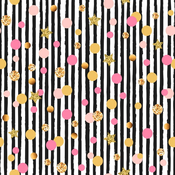 Cute Seamless Pattern Pink Golden Circles Stars Black White Stripes — Stock Vector