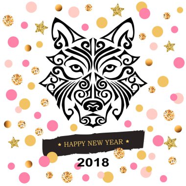 2018 yeni yıl kartı siyah köpeğin veya kurt kafası Maori yüz dövme stilize. Pembe ve altın daireler ve yıldız şablonu. Davet, moda Dükkanı, dövme stüdyosu için kartı. Kartpostal nedeni.
