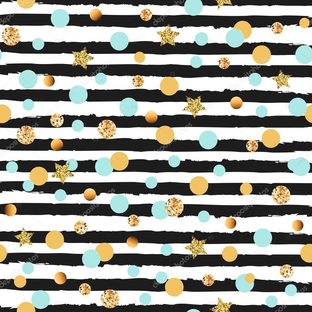 Cute seamless pattern with blue and golden circles and stars, black and white stripes. Glamorous background for Christmas, New Year, Birthday, fashion store. Pattern with black&white stripes. Vector.