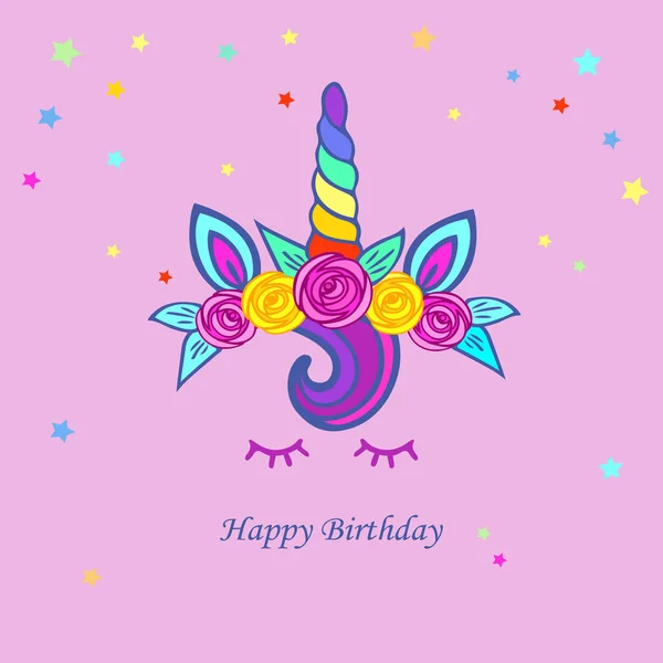 Niedliche Illustration Mit Einhorn Diadem Regenbogenhorn Blumen Vorlage Für Party — Stockvektor