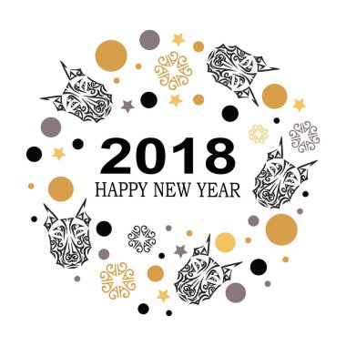 2018 yeni yıl kartı doberman köpek kafalı. Davet, moda Salonu, dövme stüdyosu, oryantal kavramı için şablon. Kartpostal sebep. Köpek 2018 yıl sembolüdür. Dog Head'a Maori yüz dövme stilize.