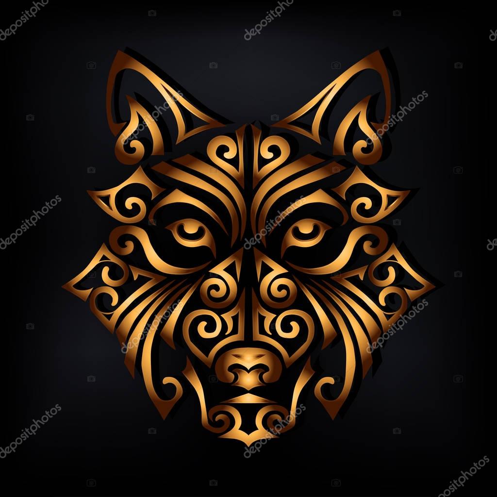 Golden husky dog's or wolf's head isolated on black background. Symbol of Chinese 2018 New Year. Stylized Maori face tattoo. Vector illustration