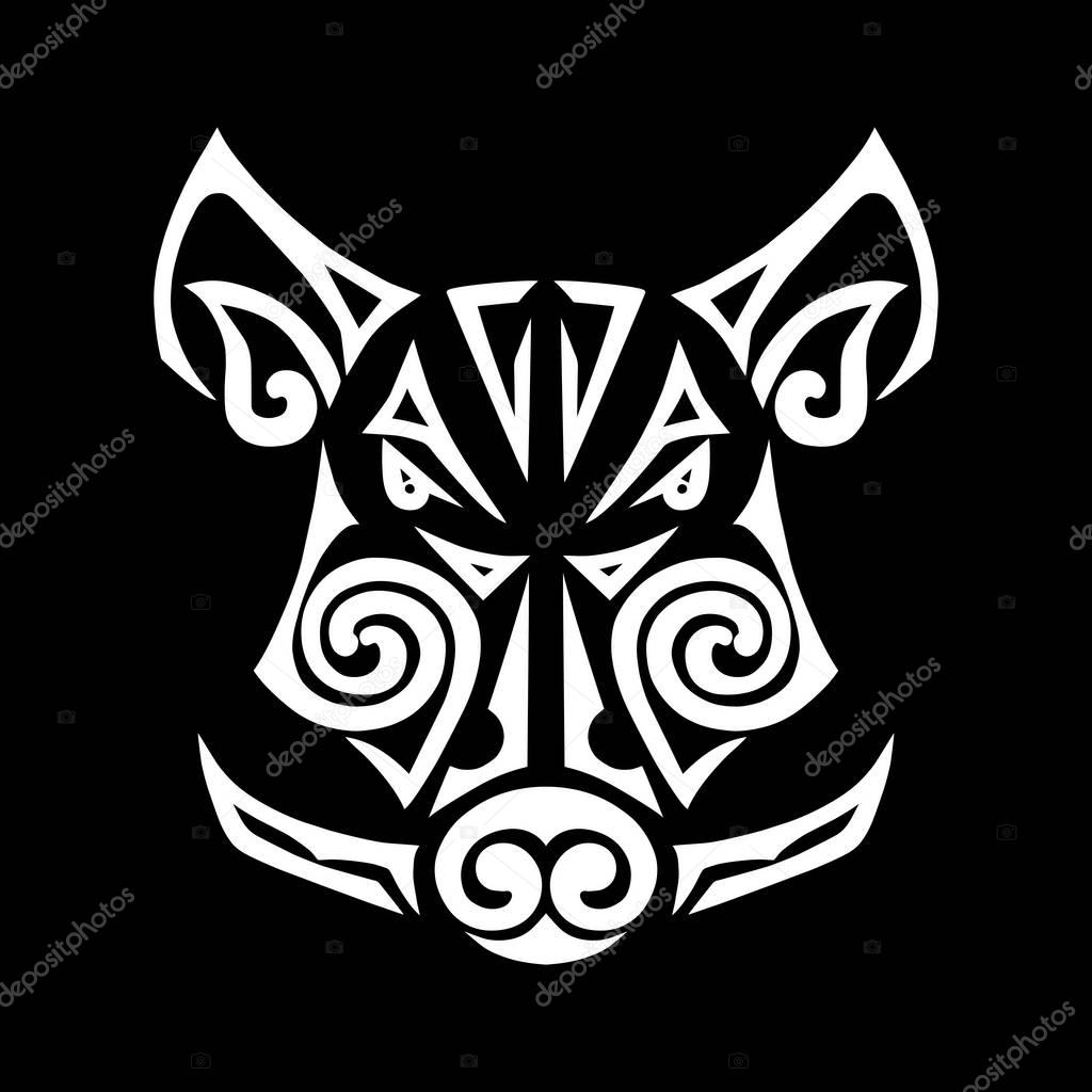 Boar head stylized Maori face tattoo isolated on black background. Symbol of Chinese 2019 New Year. Design element. Vector illustration. 