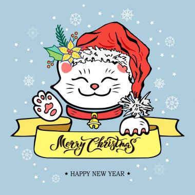 Komik neşeli Noel ve mutlu yeni yıl kartı ve el yazı, Santa Claus şapka ile Maneki Neko kedi mutlu Noeller çizilmiş. Vektör çizim üzerinde mavi arka plan izole. Kartpostal, davet nedeni.