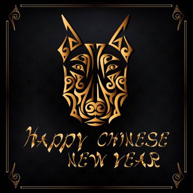 Mutlu Çin yeni yıl kartı doberman köpek dokulu arka plan ve altın çerçeve üzerinde kafa ile. Sembol Çince 2018 yeni yılın. Doberman dog Head'a Maori yüz dövme stilize. Vektör çizim.
