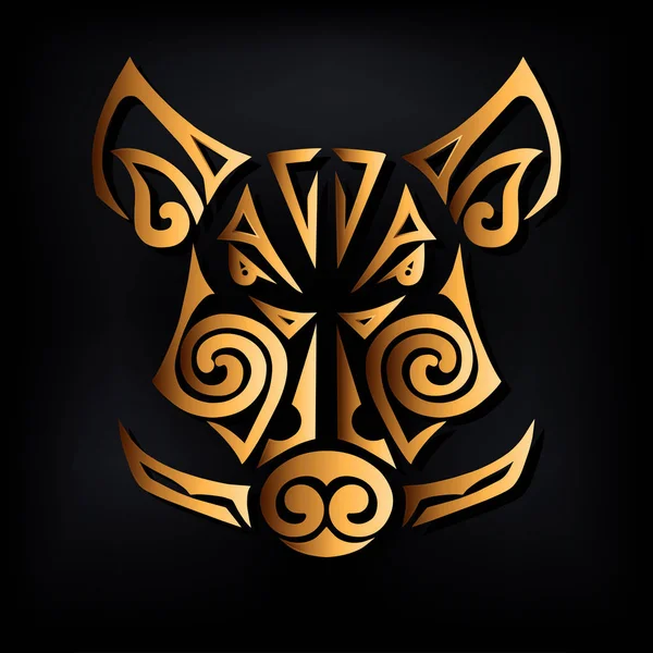 Golden Boar Head Isolated Black Background Stylized Maori Face Tattoo — Stock Vector