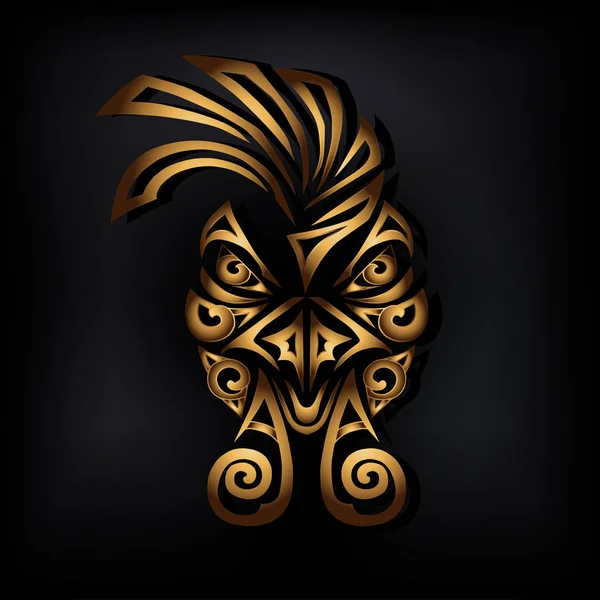 Tête Coq Doré Isolée Sur Fond Noir Tatouage Visage Maori — Image vectorielle