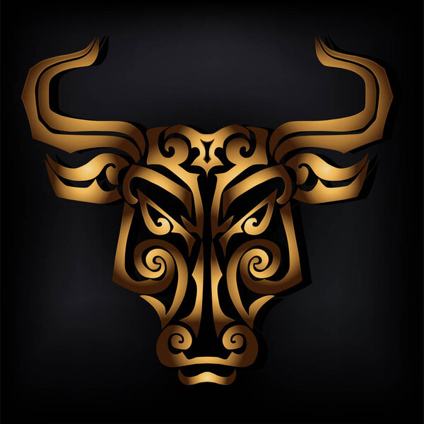 Golden bull head isolated on black background. Stylized Maori face tattoo. Golden bull mask. Golden Taurus. Vector illustration.
